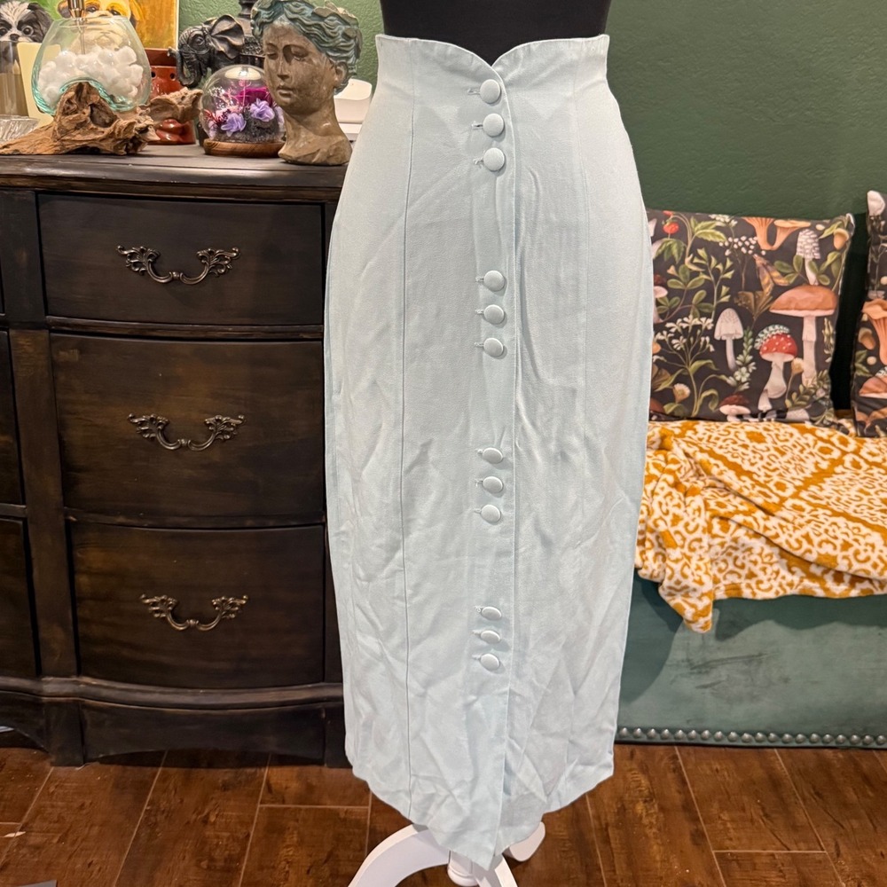 Vintage 90s Rampage mint blue High Waisted Button Front Midi Pencil Skirt Size 3